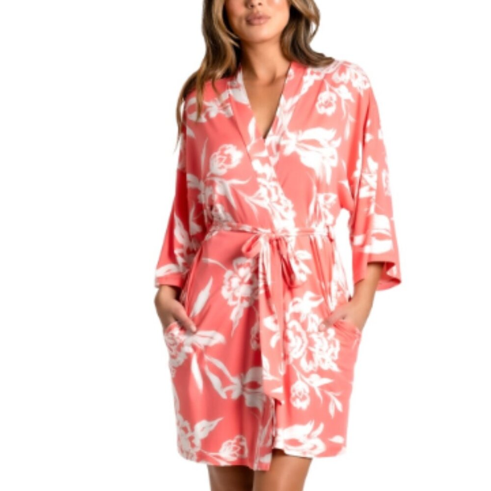 Linea Donatella Women's Printed 3/4-Sleeve Robe - Coral Size S/M